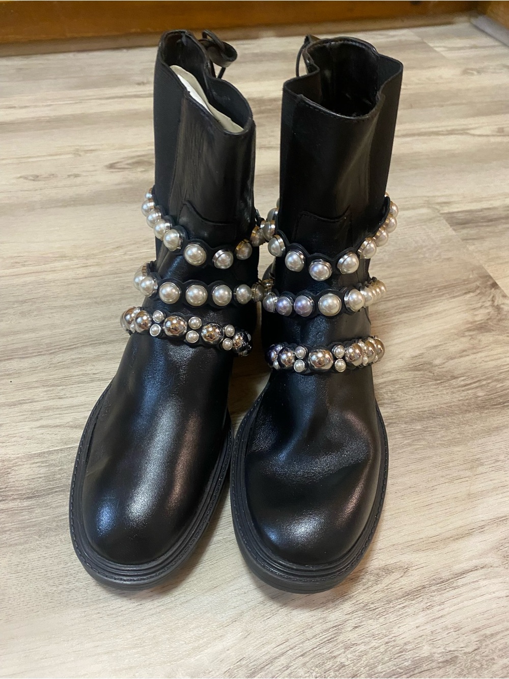 Zara Black Ankle Boots with Silver Pearl & Stud Straps - Picture 15 of 16